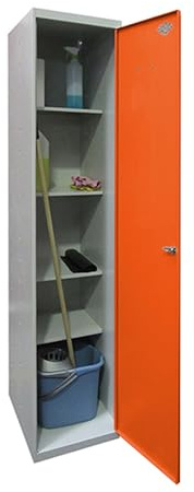 Simon Rack Armario Escobero Metálico 1800x400x400 mm - Simonlocker | 1 Puerta, 4 Estantes, Incluye 2 Llaves, Gris/Naranja, Pintura anticorrosión