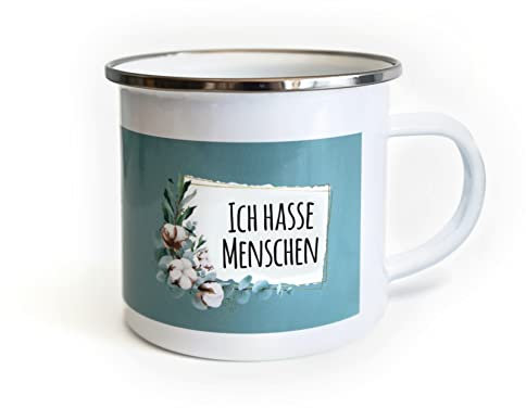 TypeStoff Emaille-Tasse mit Spruch - Ich hasse Menschen - im Vintage-Look mit Zitat als Geschenk und Dekoration zum Thema Kaffee und Tee - TS-01297