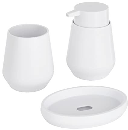 Baroni Home Set da Bagno 3 Pezzi in Plastica Resistente, Moderno, Composto da Dispenser, Bicchiere e Portasapone (Bianco)