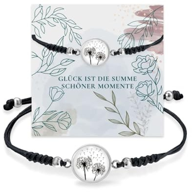 Miss Lovie Armband Damen Pusteblume Stoff mit Edelstahl Anhänger Glücksbringer Wunscherfüller im Charm Design Geschenk für Freundin Schwarz