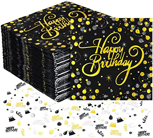 Heyu-Lotus 60 Stück Happy Birthday Servietten Geburtstag, 33x33cm Servietten Schwarz Gold,Tischdeko Geburtstag mit 15g Geburtstag Konfetti für Mann, Frau, Kinder Geburtstags Party Deko