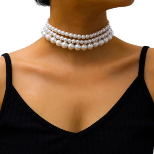 Clataly Damen Perlenkette Armbänder Vintage Runde Mehrschichtige Imitation Perle Choker Halsketten Brautschmuck (Perlenkette A)