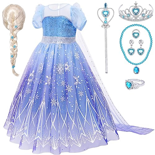 Tacobear Eiskönigin Kostüm Mädchen Prinzessin Kleid mit Perücke Krone Armband Zauberstab Prinzessin Kostüm für Mädchen 3 4 5 6 7 8 9 10 Jahren Geburtstag Karneval Halloween Weihnachten Verkleidung