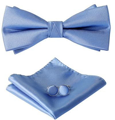 HOULIFE Ensemble nœud papillon pour homme – Nœud papillon réglable en satin polyester pré-noué, mouchoir uni, boutons de manchette pour marié, mariage formel avec boîte cadeau, Bleu foncé, 12x6cm