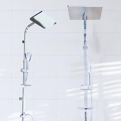MAKA Colonna Doccia con Soffione e Doccetta a Pioggia senza Miscelatore Moderno in Acciaio Inox senza Rubinetto Set Bagno con Porta Sapone e Shampoo Saliscendi Kit Accessori Inclusi (Quadrato Cromato)