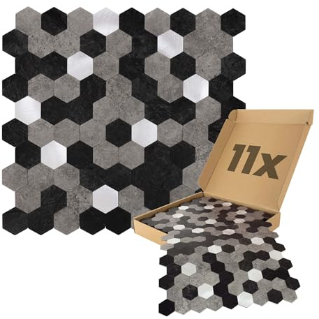 Dalsys 11x Wandpaneele selbstklebend 0,88m² Schwarz, Grau/Silber | Wandverkleidung in Hexagon Muster Steinoptik feuchtigskeitsbeständig, Premium Qualität für Bad und Küche