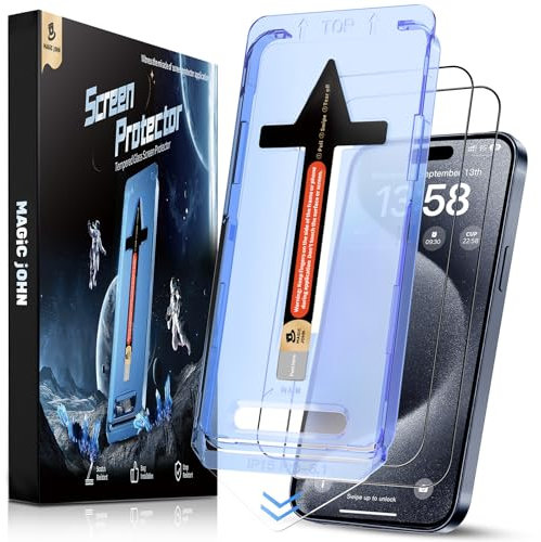 MAGIC JOHN 2 Pack for iPhone 15 Pro Tempered Glass Screen Protector 6.1 inch, Auto Dust-Elimination Installation, Bubble Free, Dynamic Island Compatible, HD Clear, Easy Installation, Anti-Scratch