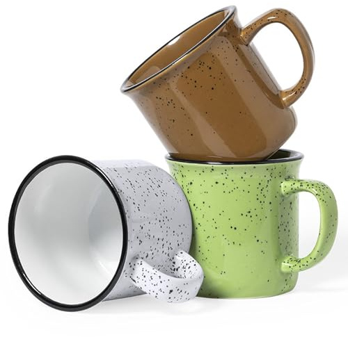 noTrash2003 3er Set Nostalgie Vintage Kaffeebecher Kaffeepötte Haferl Kaffeetassen aus Keramik gesprenkelt Grün Braun Weiss mit 350 mL