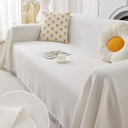 FANSU Sofabezug L Form 1 2 3 4 Sitzer, Reversibel Twill Sofaüberwurf Decke Ecksofa Couch Bezug Sofaschoner Sofa Decken Einteiliger Couch Überwürf (Weiß,4 Sitzer(180x380cm)