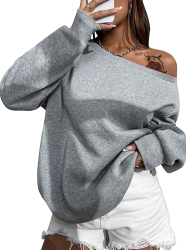 Remidoo Womens Off Shoulder Sweatshirt Oversized Long Sleeve Top Grey M