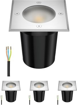 ledscom.de 4 Stück Boden-Einbauleuchte RELI für außen, IP67, edelstahl, gefrostet, 11 x 11cm, inkl. 7,6W LED Lampe 1103lm, 33°, warmweiß