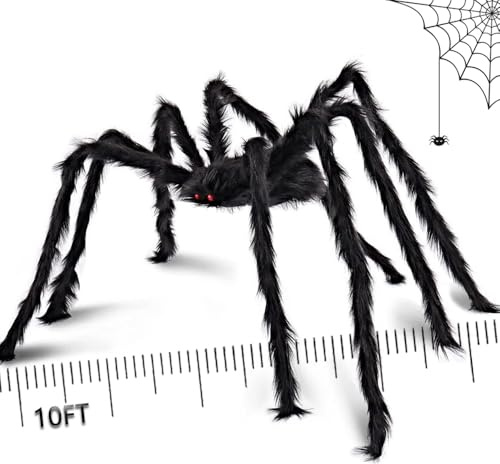 Halloween Giant Spider Decorations - 10ft Oversize Black Realistic Hairy Fake Spider, Large Spider with Red Eyes & Bendable Legs for Indoor/Outdoor, Yard, Haunted House, Home Festival Party Decor