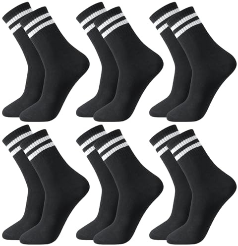 Meng Jiaran 6 Pairs Men Socks, Breathable Striped Crew Socks Athletic Sports Casual Socks, Black Cotton Liners Socks Multipack For Men And Women UK 9-11