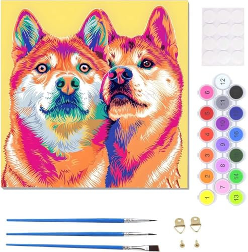 DIY Malen Nach Zahlen Erwachsene Bunte Hunde Malen Nach Zahlen Kits auf Leinwand, Handgemalt Ölgemälde Leinwand Kits zur Heimdekoration, Pinseln Acrylpigment für Geschenke und Home Deko 20x20cm U-387