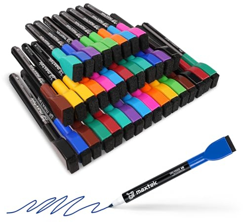 maxtek 36 Pack Magnetic Whiteboard Pens with Eraser, 12 Colours Fine Tip White Board Markers Erasable, Low Odour Thin Dry Wipe Pens for School Office Home