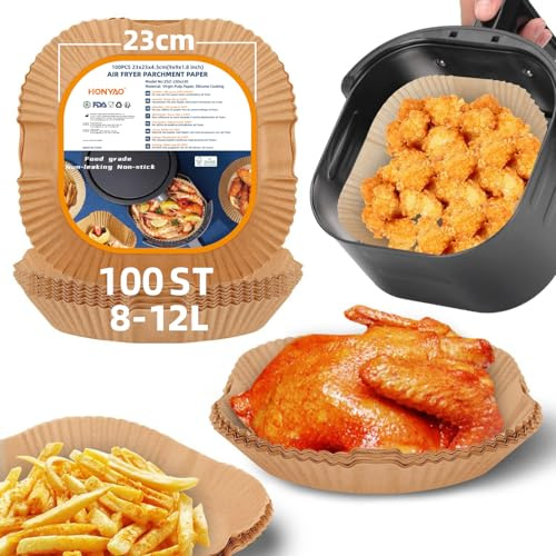 HONYAO Airfryer Bakplåtspapper, 23x23cm non-stick-engångsbruk Papper Liner för Luftsfritös 8-12 L, 100 stycken Fyrkant Pergamentpapper Bakpapper Tillbehör för Russell Hobbs Princess Euary Air Fryer