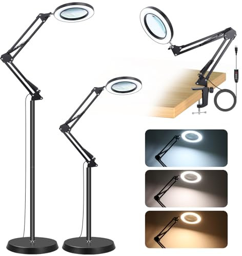 NZQXJXZ 10X Lupa con Luz y Soporte, 3 en 1 Lampara con Lupa de Vidrio Real, 3 Modos de Color, 10 Regulables Sin Escala, Lupa con Luz Led para Manualidades, Trabajos de Cerca, Lectura