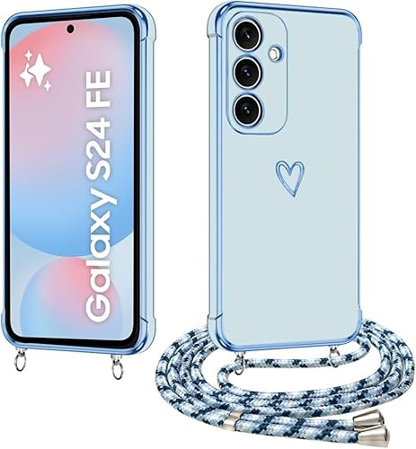 E-Lush Handyhülle Samsung Galaxy S24 FE Hülle mit Band, Herz Love Muster Galvanik Silikon Handy Hülle Samsung Galaxy S24 FE Schutzhülle mit Kordel zum Umhängen Kameraschutz Stoßfeste Case, Blau