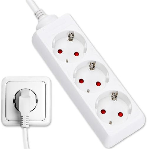 TECHZOCO Regleta Alargador con 3 Enchufes, Regleta de enchufes para el hogar, Base de enchufes schuko sin Interruptor, MAX 3680W, 16A, 250V, H05VV-F 3G1m㎡, Blanco, Longitud del Cable 1.50 Metros