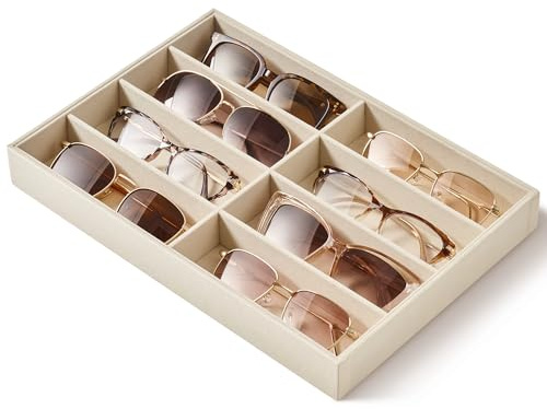 pickpiff Drawer Sunglass Organizer & Display Tray: 1 Pcs 8 Grids Velvet Scratch-Free Eyeglasses Case (13.8x9.4x1.6inch) - Soft Beige Glasses Storage Holder Box for Men & Women