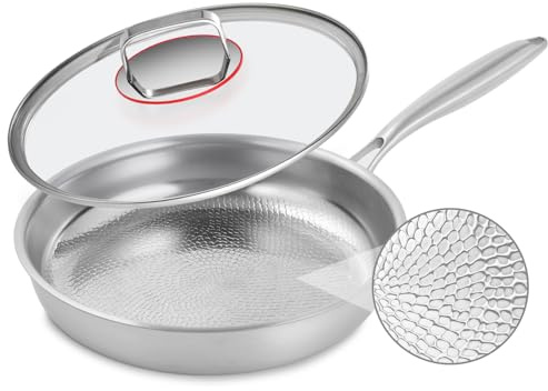 Abijan Poele inox 28 cm, Pôêles à frire inox 18/10 avec couvercle, Construction à 5 couches, Non couché (Sans PTFE ni PFOA), Surface effet lotus, Tous feux dont induction, Va au lave-vaisselle