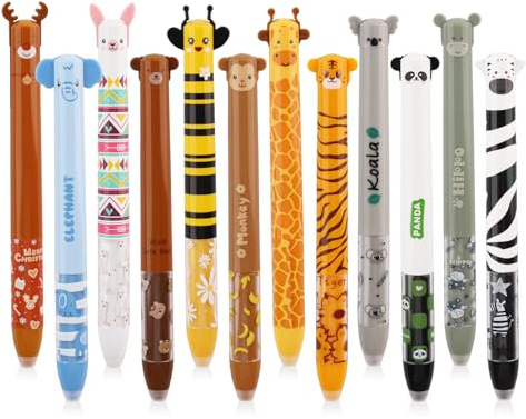 Foydream Radierbaren Gelstiften, Set Von 12 LöSchbaren GelStiften, 12 Tierstile Gelstift mit Thermoempfindlicher Gummitinte,Blaue und Rote Tinte,0,5 mm
