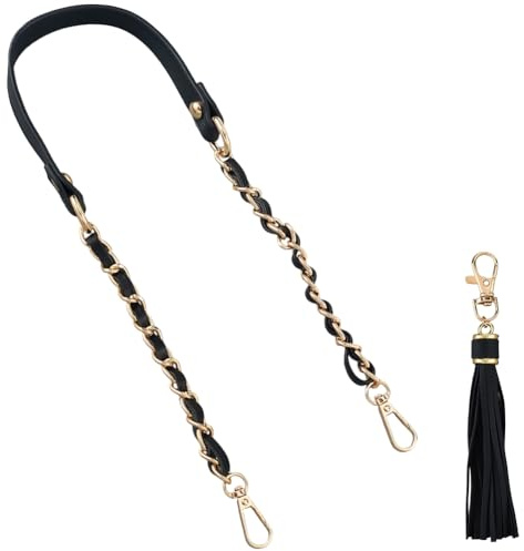 CALFOVERA Asa de Bolso de Piel Sintética de 63cm con Borla Colgante, Correa de Cadena de Microfibra para Bolso de Mano, Cadena Plana de Repuesto para Bolso de Hombro, Bandolera (Negro Y Dorado)