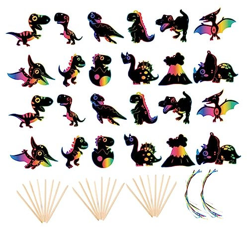 FOYTOKI 2 Sätze Dinosaurier Kratzpapier Bastelset mit Holzstab und Band Kreatives für Bastelprojekte Geburtstagsfeiern und Kreative Aktivitäten