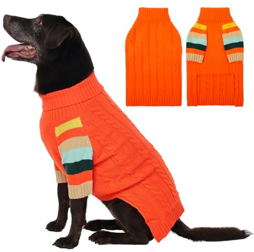 OUOBOB Hundepullover Warm, Kabelmuster mit Bauchöffnung, Elastischer Rollkragen Stricker für Kleine Hunde wie Französische Bulldogge, M Orange