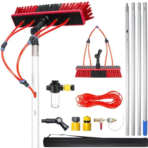 YFSMBD Teleskop Waschbürste mit Wasseranschluss | Teleskopstange 17m | mit Seifenspender | Reinigungsbürste ausziehbar aus Aluminium für PV Anlagen, Fenster, Terrassendach, Wohnmobil | 55cm Bürste