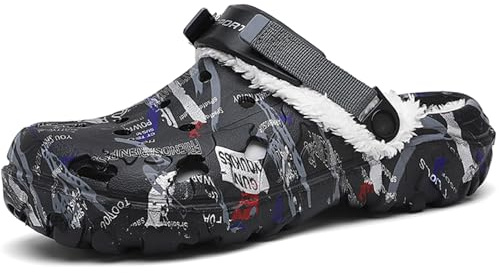 IXIAOYI Zuecos de invierno para hombre con forro de piel, cálidos, antideslizantes, fáciles de poner, con correa ajustable en el talón, para interiores y exteriores, casa y jardín, Negro , 42 EU