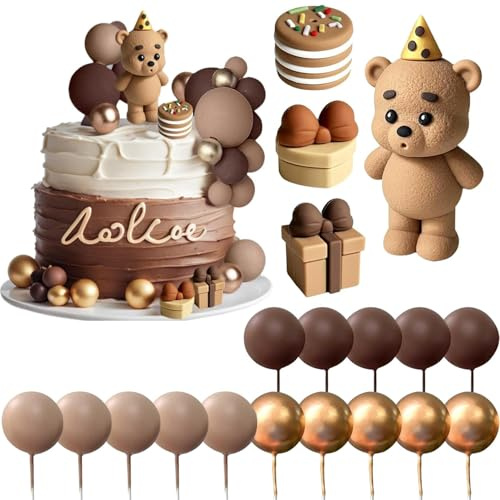 JOYOLA Teddy Bear Cake Decoration, 19Pcs Bear Cake Topper Set, Boho Bears Cake Decoration, Brown Bear Babyshower Decoration for Boy, Girl, Baby Shower & More