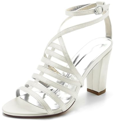 HFWXYSA Donna Sandali da Sposa con Tacco Largo Cinturino alla Caviglia Décolleté in Raso Peep Toe Scarpe da Matrimonio da Festa,Avorio,39 EU