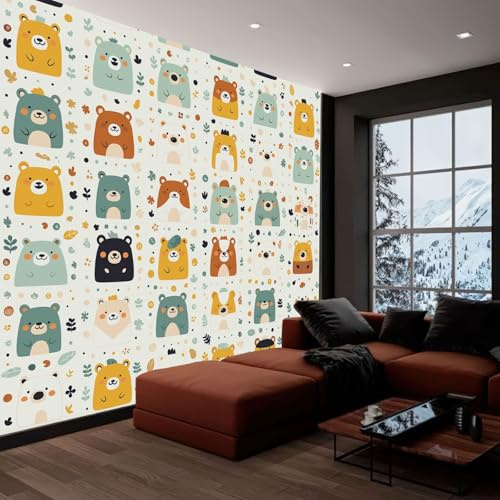 Papel Pintado Pared 3D Papel Tapiz Dibujos Animados Oso Animal Beige, Fotomurales 200x140 cm Tv Fondo Pared Dormitorio Murales Moderno Decoración Comedores Salones Habitaciones