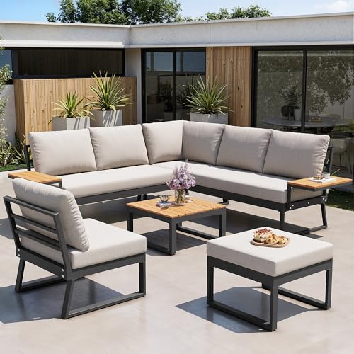 Huayz Set di divano da giardino a forma di L, per 7 persone, resistente alle intemperie, con tavolo in legno, poltrona e sgabello, mobili da salotto per esterni, con tappezzeria, per giardino