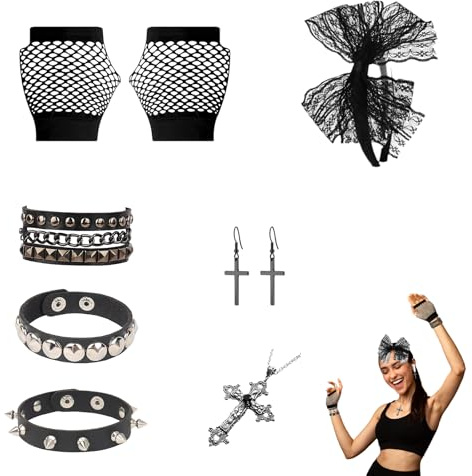 Costume Années 80 Femme - Set Complet avec 3 Bracelets Punk en Cuir, Gants en Filet, Bandeau en Dentelle, Collier et Boucles d'oreilles Croix, Accessoires Vintage pour Fête à Thème, Halloween et