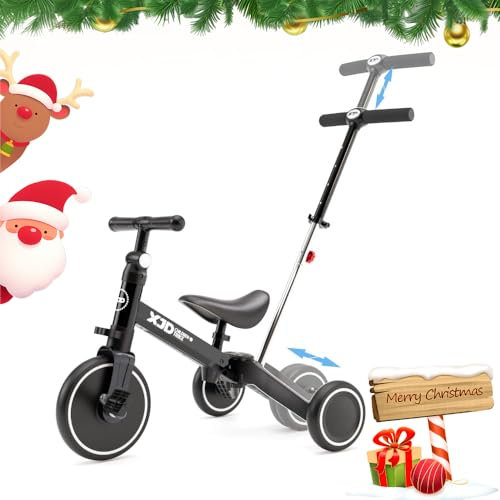 XJD 4 in 1 Laufrad Dreirad, Kinder Dreirad ab 1 Jahr mit Schubstange, Laufräder Lauffahrrad mit verstellbarem Sitz und Lenker,Baby Fahrrad von 1-3 Jahren Jungen Mädchen (Schwarz)