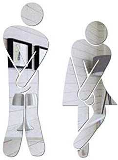 Crossed Legs Funny Bathroom Toilet Restroom Door Accessories Symbol Sign Mirror Set for Home Office and Work,Fashion Removable Cute Man Woman Washroom WC Sticker Silver Durable and Practical
