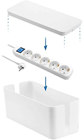 Electraline 300170 Kabel Organizer/Kabel Box mit Steckdosenleiste 5-Fach mit Schalter, Kabel 1,5m / Mehrfachsteckdose/Tischsteckdose Steckerleiste Weib