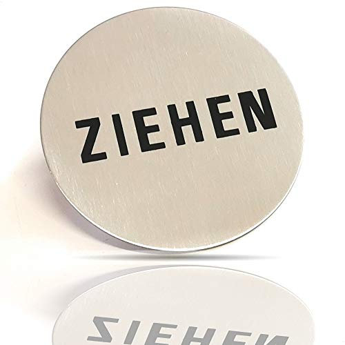 Kerafactum Ziehen pull Tür Türknauf Knauf Hinweis Gebotsschild Hinweisschild Türschild Rund aus Edelstahl matt glänzend Pictogramm rundes Schild Symbol Selbstklebend