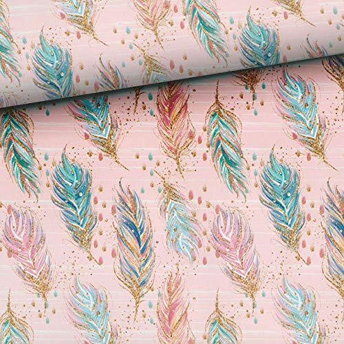 50x150cm Boho Baumwollstoff mit Federn - Stoffe zum Nähen für Kinder & Baby aus Baumwolle - Premium Baumwollstoff - Damen & Kinder Stoff rosa mint gold blau - keine Meterware