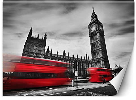 Feeby Papel Pintado Autobuses Londres Ciudad 150x105 cm Rojo Decoración De Pared Fotomural Decorativo Murales Comedores Salones Habitaciones Big Ben Parlamento Reino Unido GB