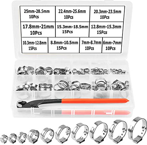 Alfykym 131Pcs 1/4 - 1 Single Ear Hose Clamps with Ear Clamp Pincer PEX Cinch Clamps Stainless Steel Stepless Cinch Rings Crimp Hose Clamps Assortment Kit (10 Sizes 6-28.5mm)