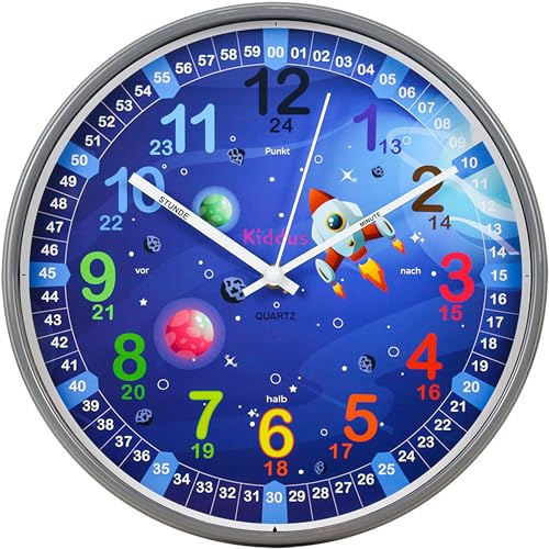 Kiddus Lernuhr Wanduhr Kinder 30cm, Pädagogische Uhr für Jungen & Mädchen, Lautloses Uhrwerk, Zeiger mit Stunde & Minute Beschriftung, Ideal für Schulanfänger - 12 Galaxy DE 30cm
