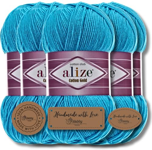 Hobby YARN 3x Etikettenlabel mit Alize Cotton Gold Wolle Premium 5x100g als Set, Yarn, Garn, Sommerwolle, Baumwolle, Strickgarn, Einfarbig, Baby, Kleidung, Schals (Ocean - 16)