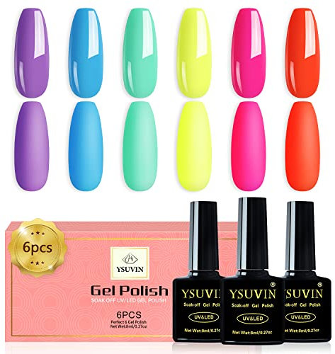 YSUVIN Vernis Semi Permanent Néon, 6 Couleurs Pastel D'été Néon Vernis à Ongles Gels Cyan Bleu Lilas Orange Rose Citron Soak Off UV Nail Art Salon Manucure Kit Cadeau Pour Vacances, Longue Durée