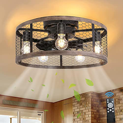LED Ceiling Fan Lamps Mute Ceiling Fan with Light E27 Retro Ceiling Lamp with Fan and Remote Control Caged Ceiling Fan 6 Wind Speed Reversible Timing Fan Lighting for Bedroom Living Room Restaurant