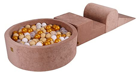 MEOWBABY Spielplatz aus Schaumstoff mit Bällebad 240x45cm - Schaumspielset mit 200 Bälle für Kinder, Velvet, Beige: Golden/Beige/Weiß/Transparent