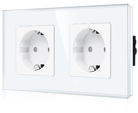 CNBINGO Glas Doppelsteckdose Unterputz in Weiß - Zweifach Schuko Steckdose mit Kindersicherung - 16 Amp Schutzkontakt Wandsteckdose mit Glasrahmen