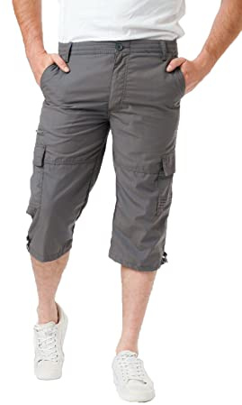 LABEL APPAREL Mens 3/4 Shorts Cargo Combat Elasticated Waist Three Quarter Length Long M-3XL (as8, Alpha, l, Regular, Regular, Grey)